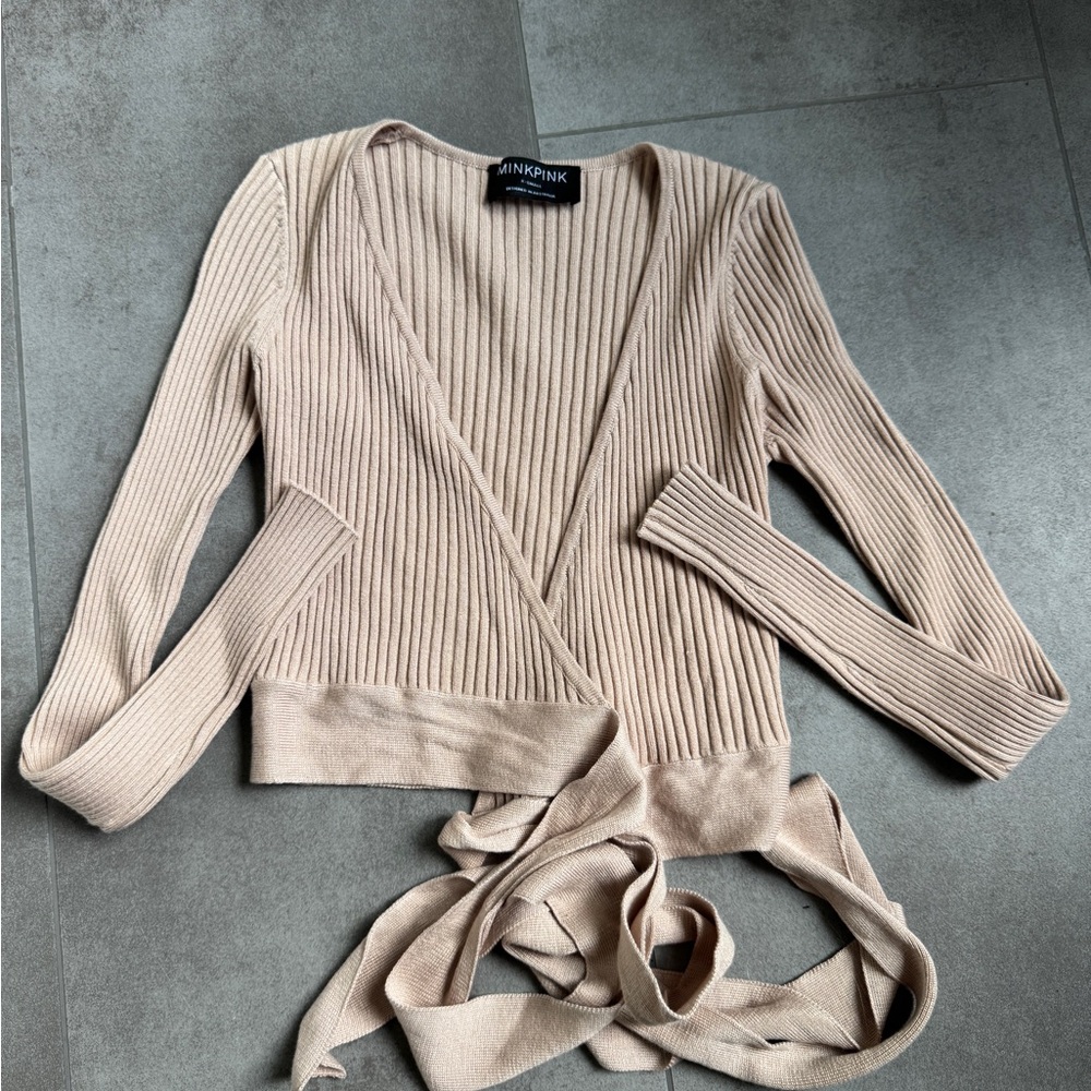 MINKPINK Champagne Ribbed Knit Wrap Top